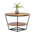 "Moderne ronde salontafel met houten blad en metalen onderstel"
