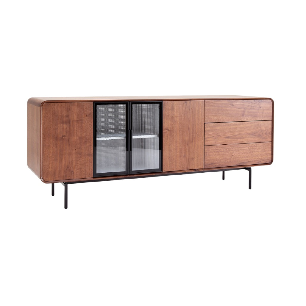 Moderne houten dressoir met glazen deuren en metalen poten