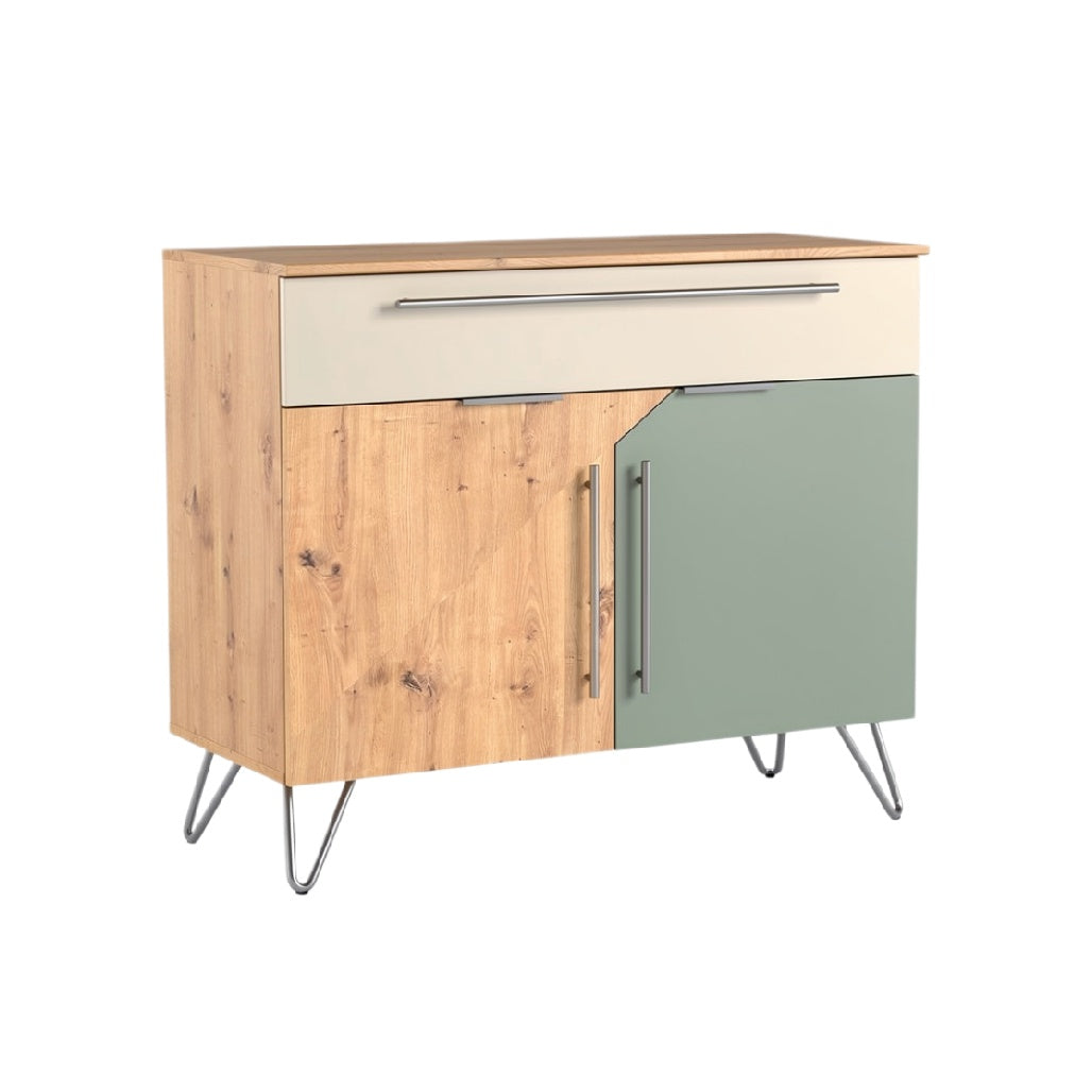 Moderne dressoir met houtlook en groene deur