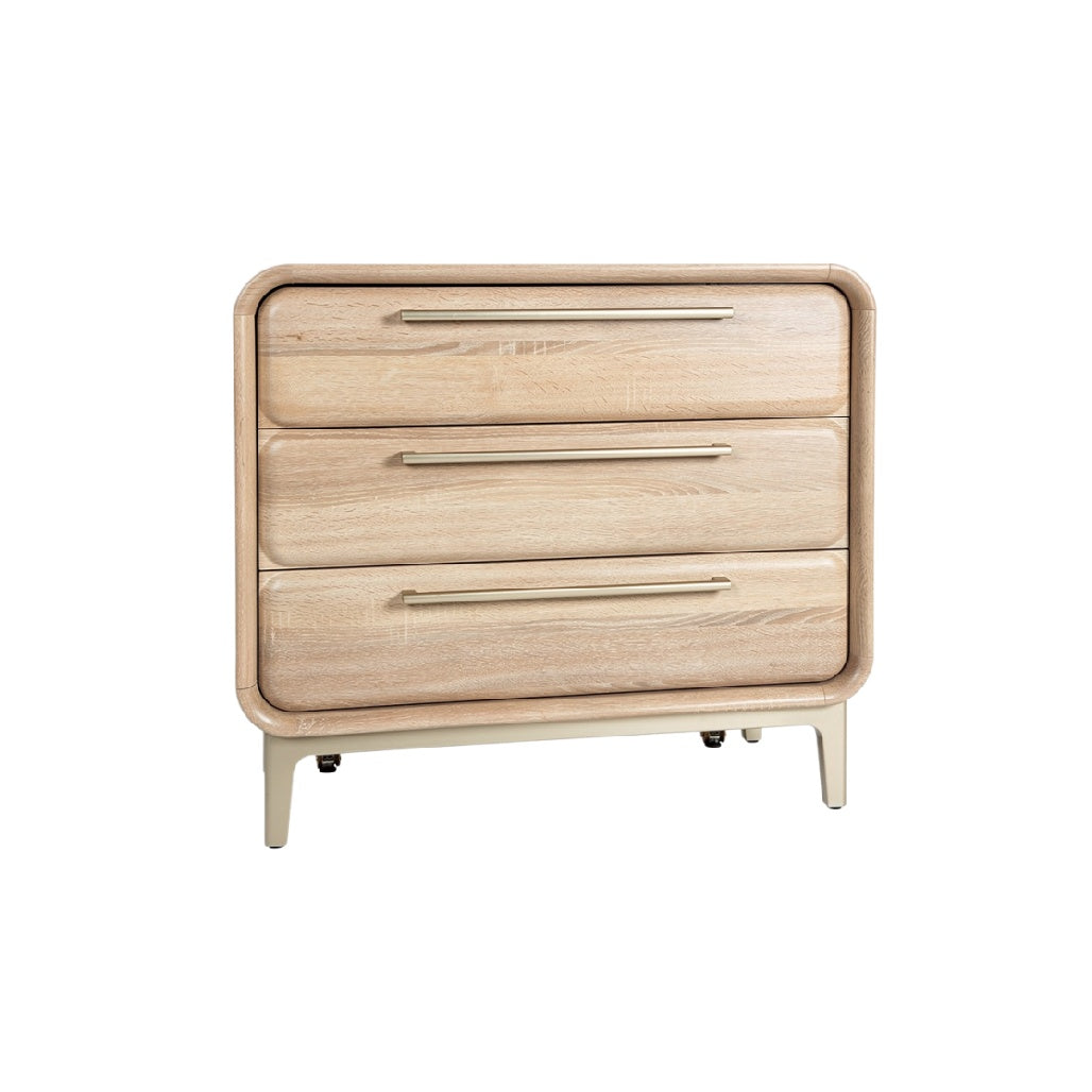 Moderne ladekast met 3 lades in natuurlijk hout.